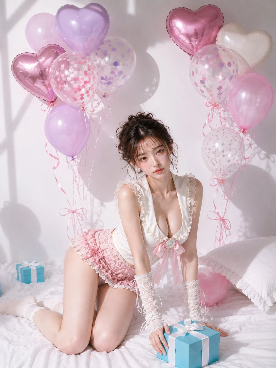 Herzluftballons und eine hellblaue Schachtel. Ein in Weiß und Rosa gehüllter Tag, der schon vor dem Öffnen besonders ist. 🎈🎁💗