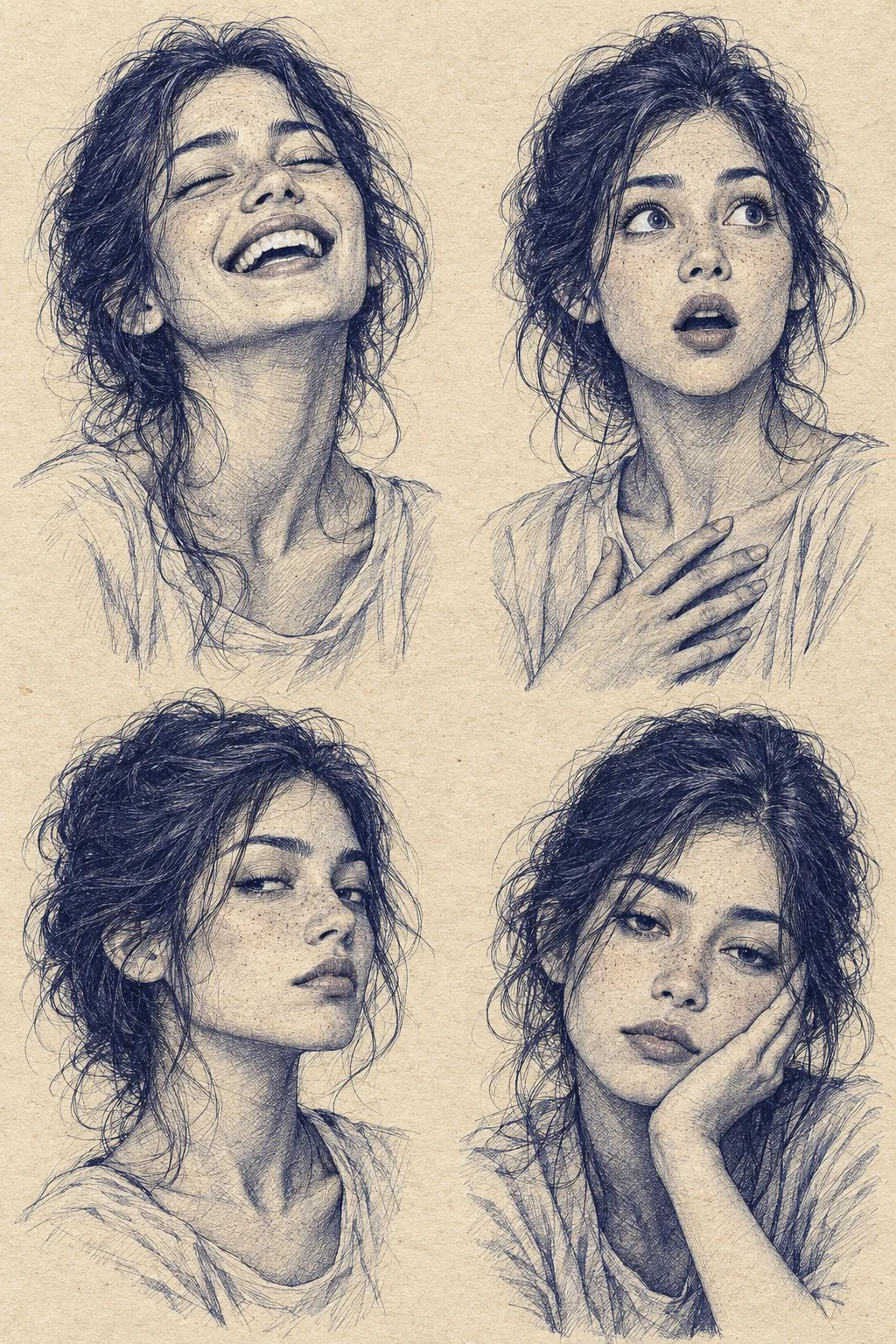Four emotions, one face — drawn in nothing but ink, texture, and raw expressi…