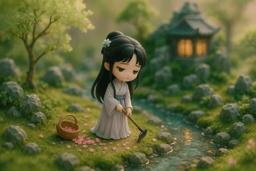 Daiyu che seppellisce i fiori in versione 3D chibi