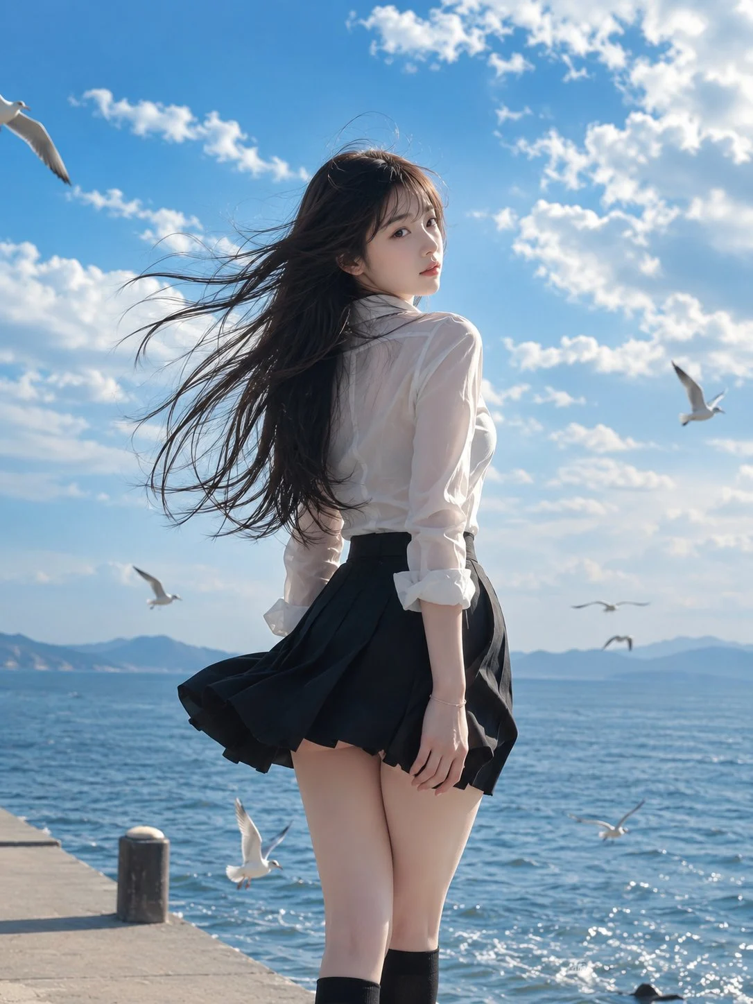 Sul molo dove danzano i gabbiani, affida gonna e capelli al vento. Fin dove si volta, il cielo è azzurro🕊️🌊💙