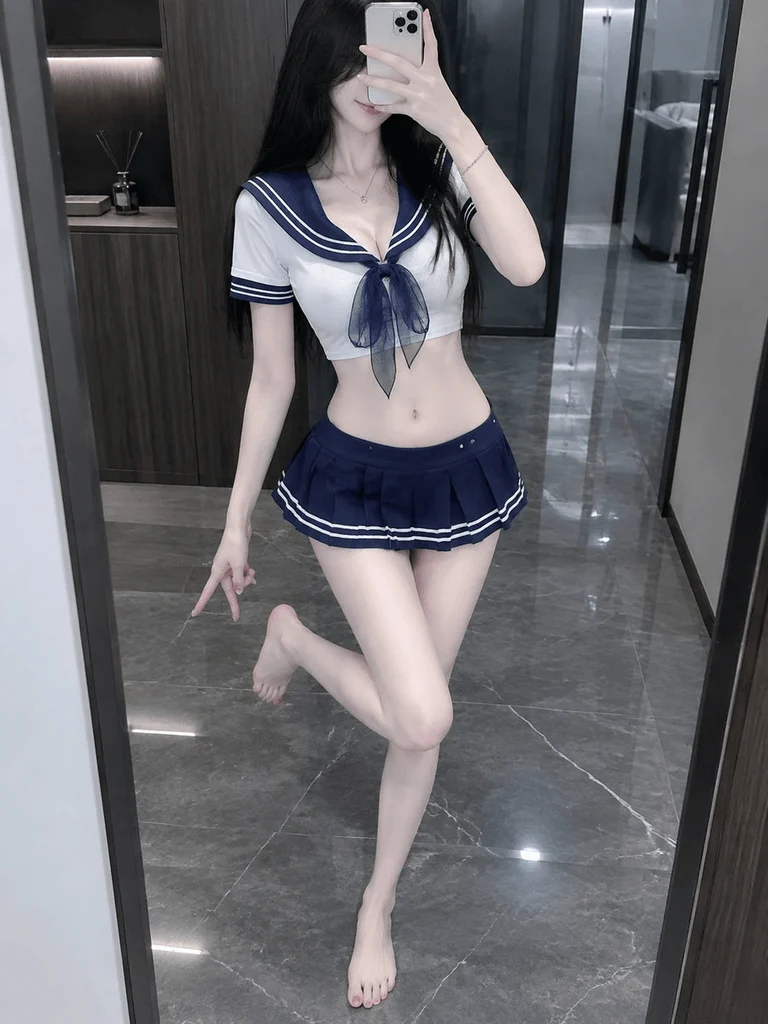 Selfie in uniforme marinara davanti allo specchio