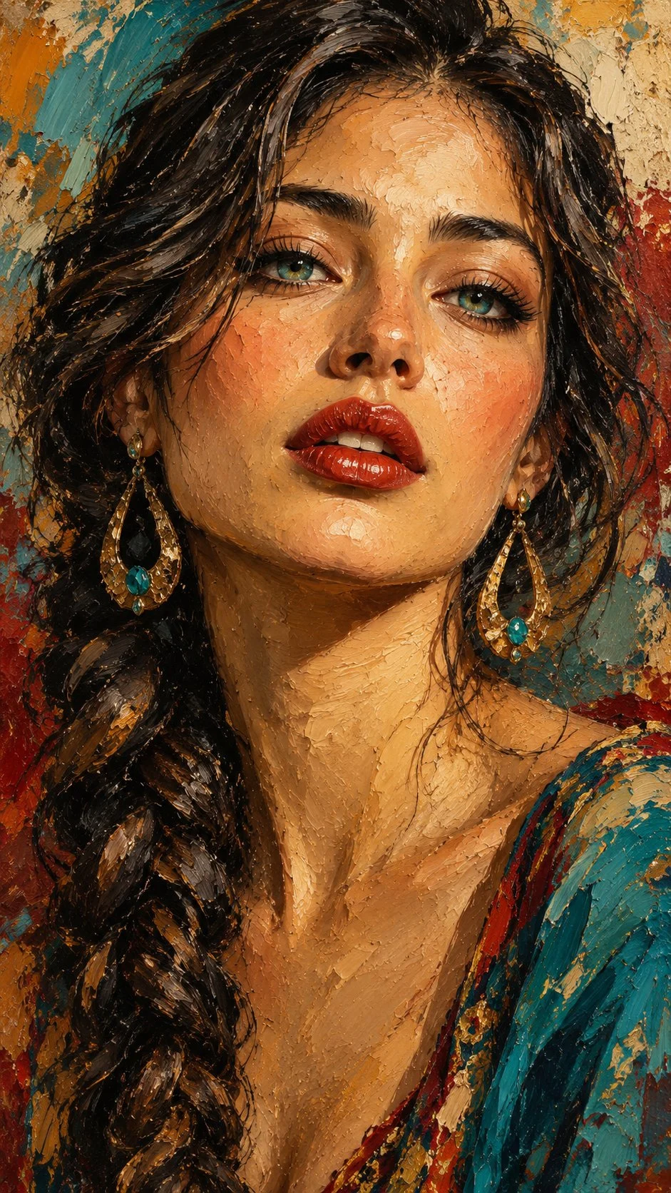 Un volto dipinto di passione, avvolto nel colore e toccato dalla luce—dove l'elega…