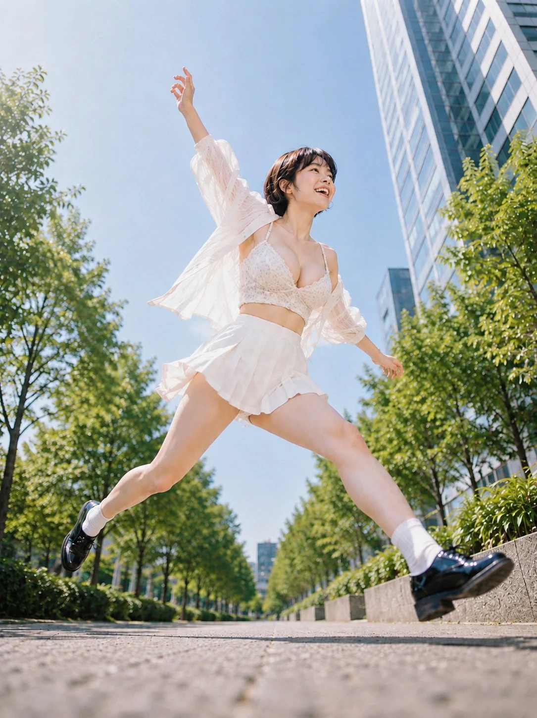 Cuando salté con todas mis fuerzas en el camino de luz entre las hojas, hasta la falda blanca voló hacia el cielo. ☀️🤸