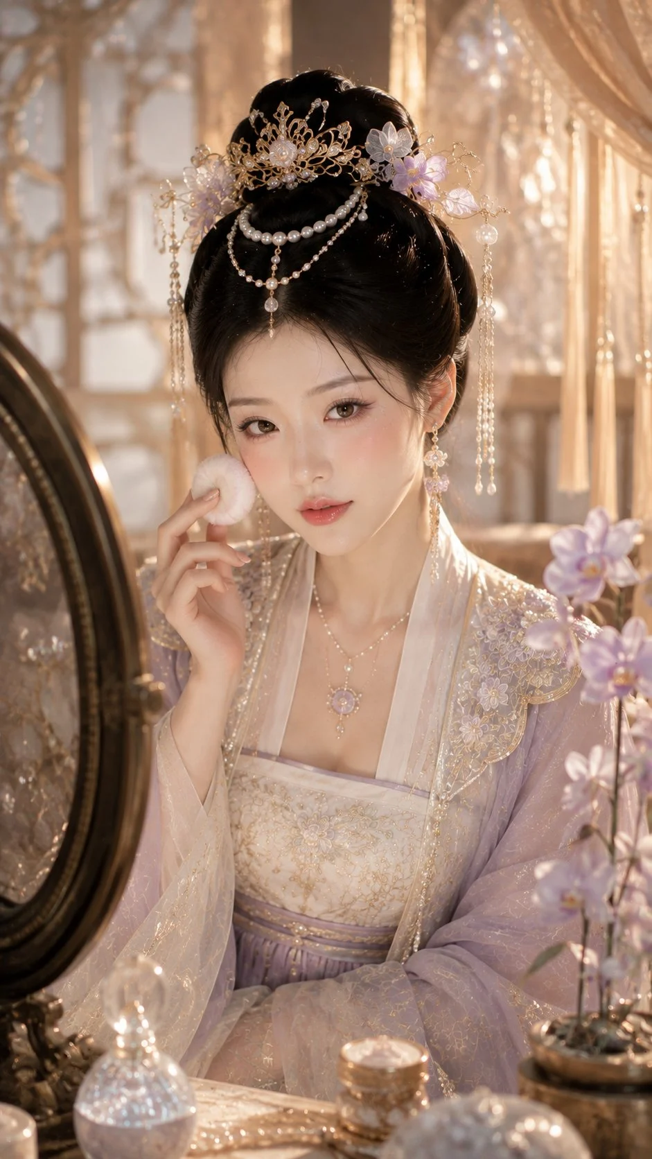 GPT Image 2 genera make-up in stile antico: trucco di perle viola neve e champagne