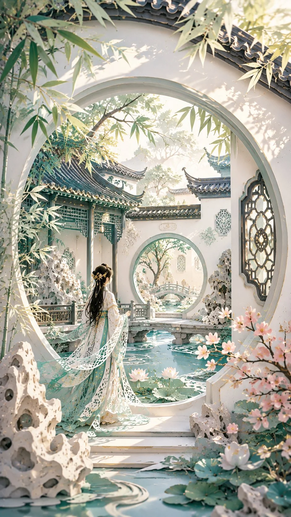 GPT Image 2 genera arte orientale del ritaglio di carta: Giardino di Suzhou