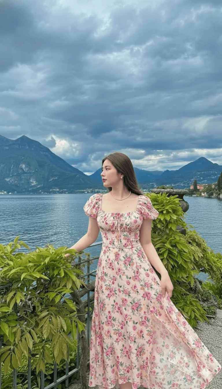 Blumenkleid-Porträt am Comer See, Italien