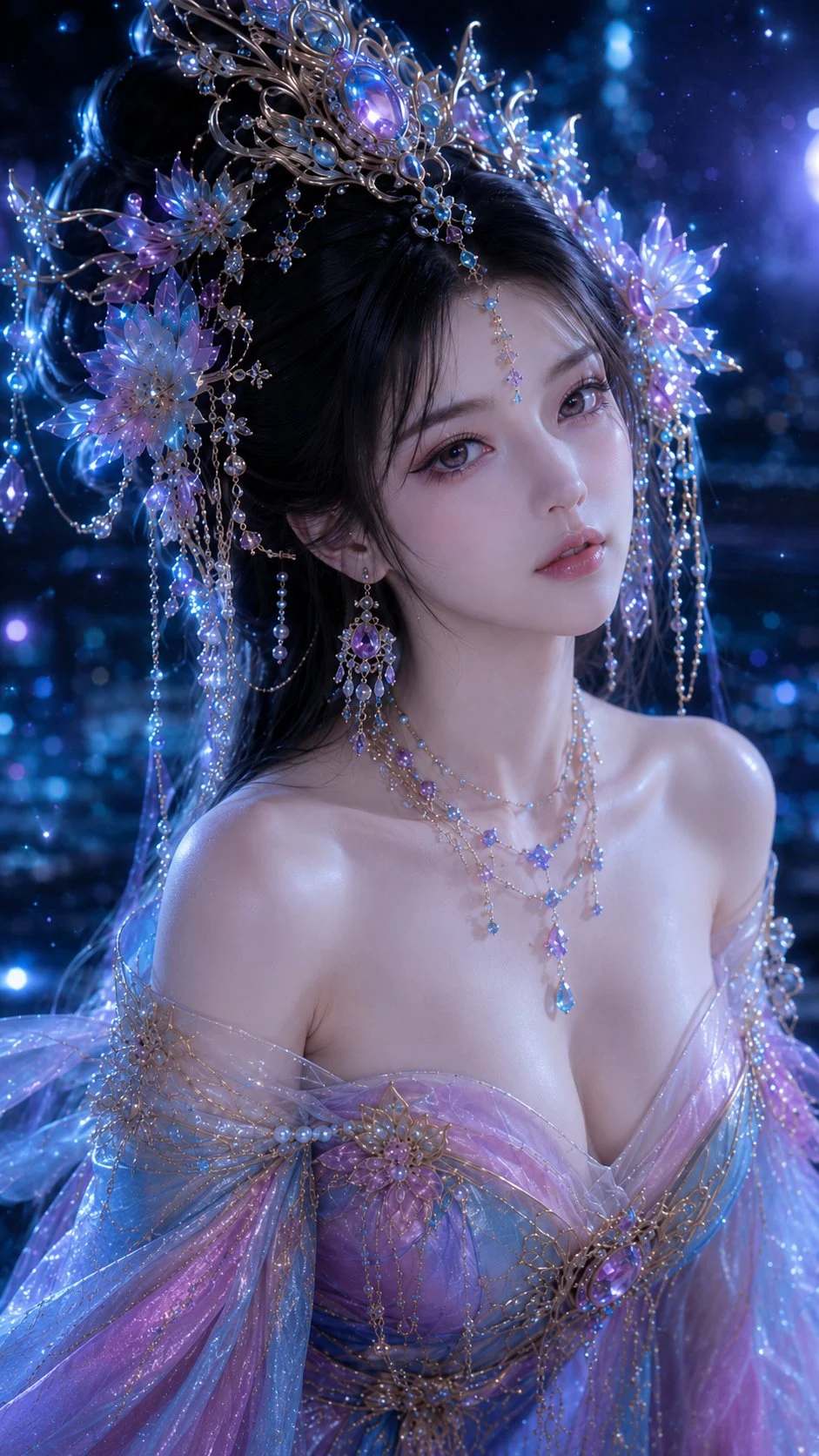 Ilustración de fantasía 3D CG generata con GPT Image 2: Abito di piume e arcobaleno