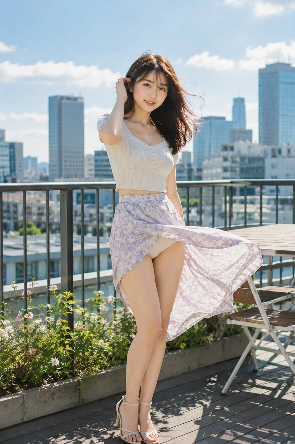 Le vent qui traverse le toit a déployé la jupe lavande dans tout le ciel. 💜🏙️🌬️