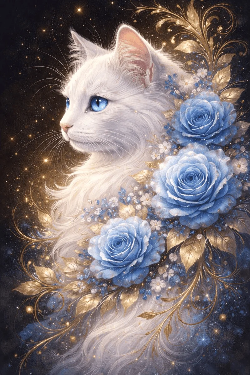 Gatto bianco e rosa azzurra