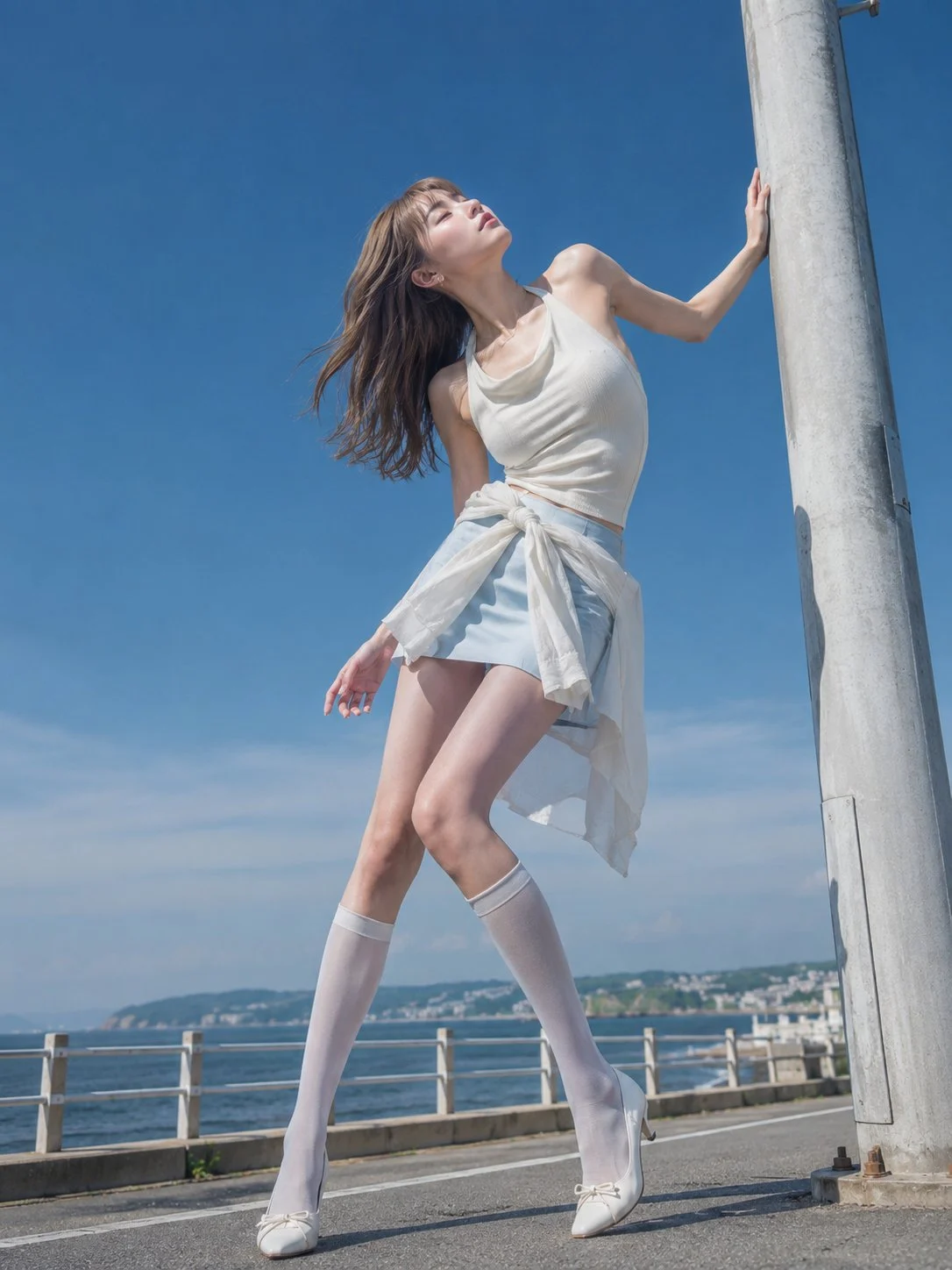 The moment she leans her back into the sea breeze, only the white hem and her hair come loose into summer first. 🌊☀️