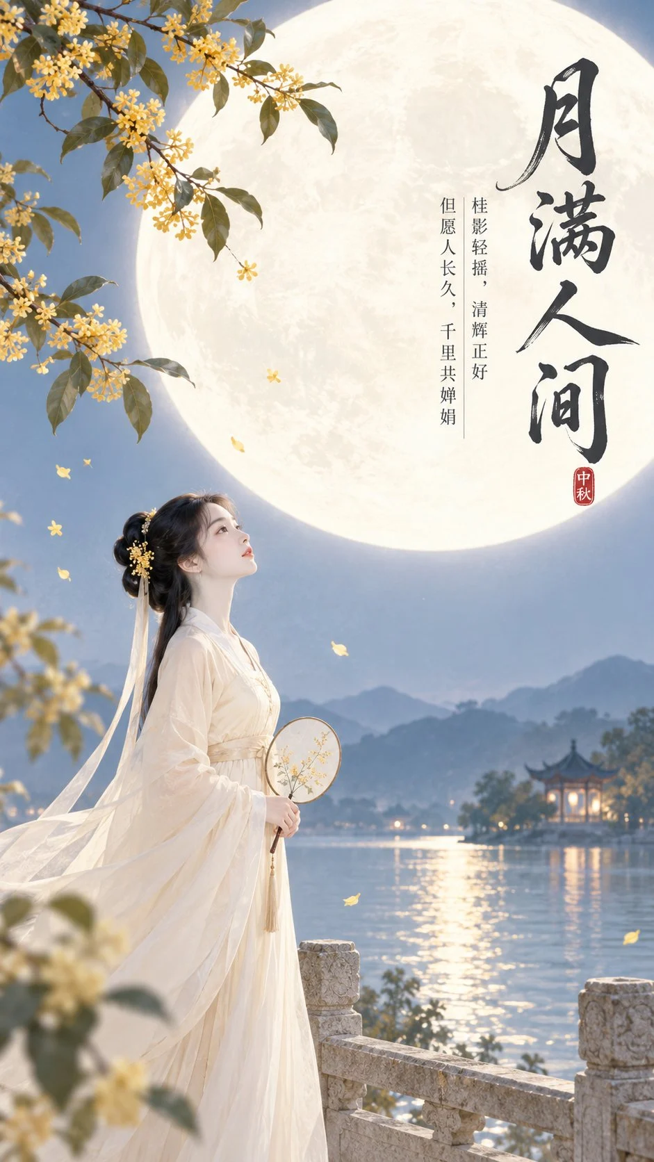 Poster di copertina del Festival di Metà Autunno, zen orientale minimalista × Una donna in stile antico in piedi sotto un osmanto, con lo sguardo rivolto a un'enorme luna piena