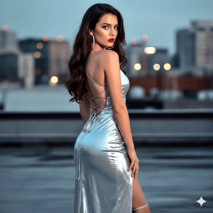 Fotoshooting auf dem Dach im silbernen Kleid