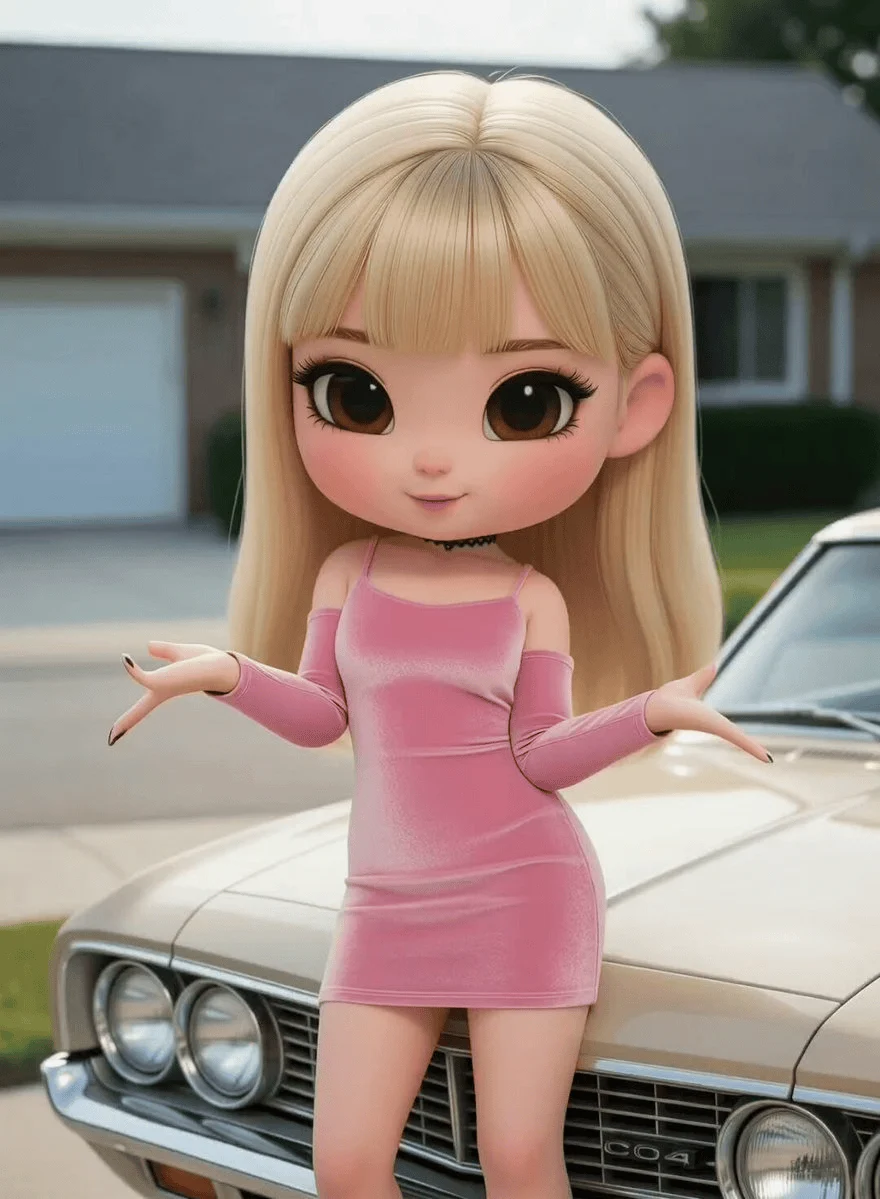 Prompt di rendering 3D di una ragazza chibi su un'auto retrò