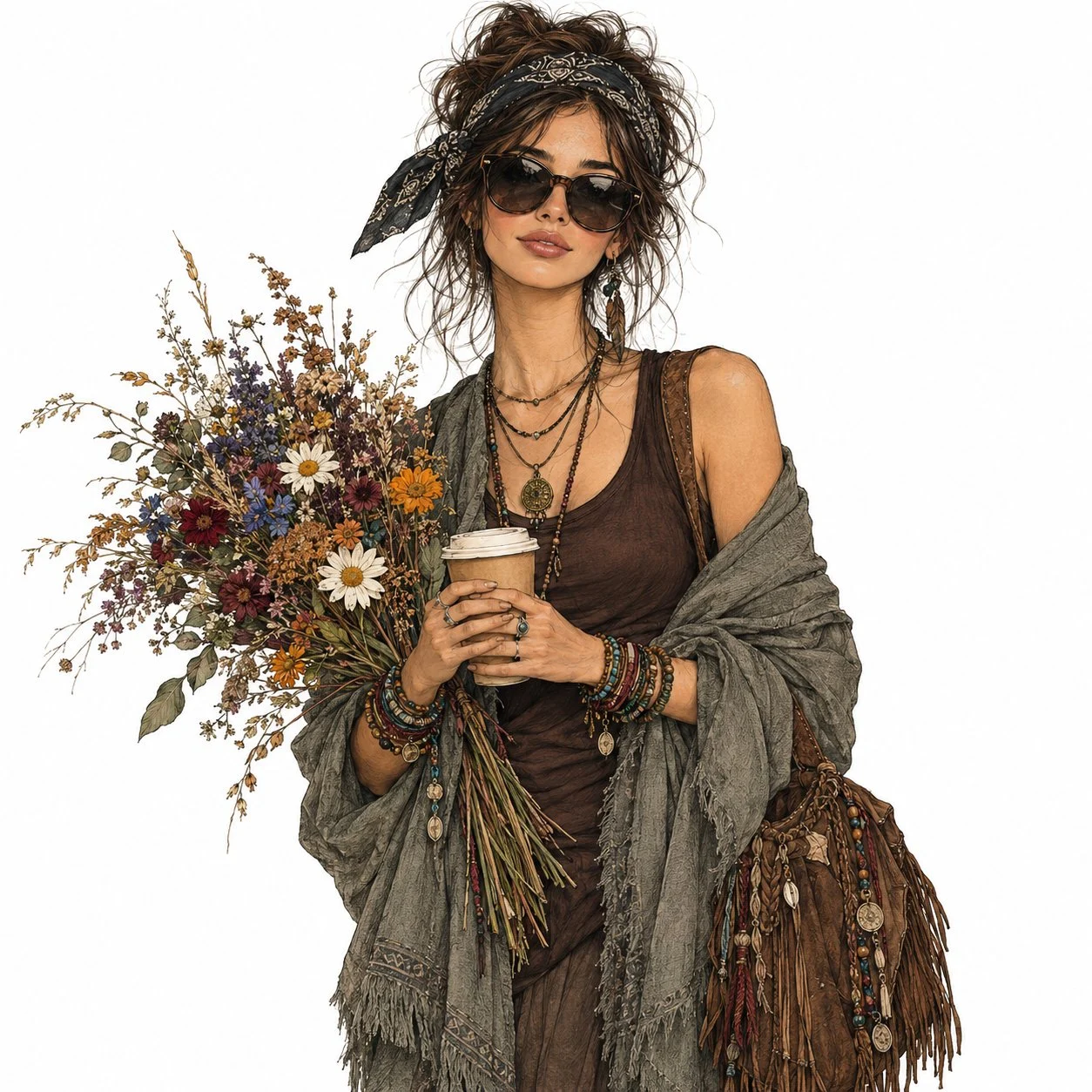 Elle semble tout droit sortie d’un carnet de croquis de mode bohème. 🌿☕