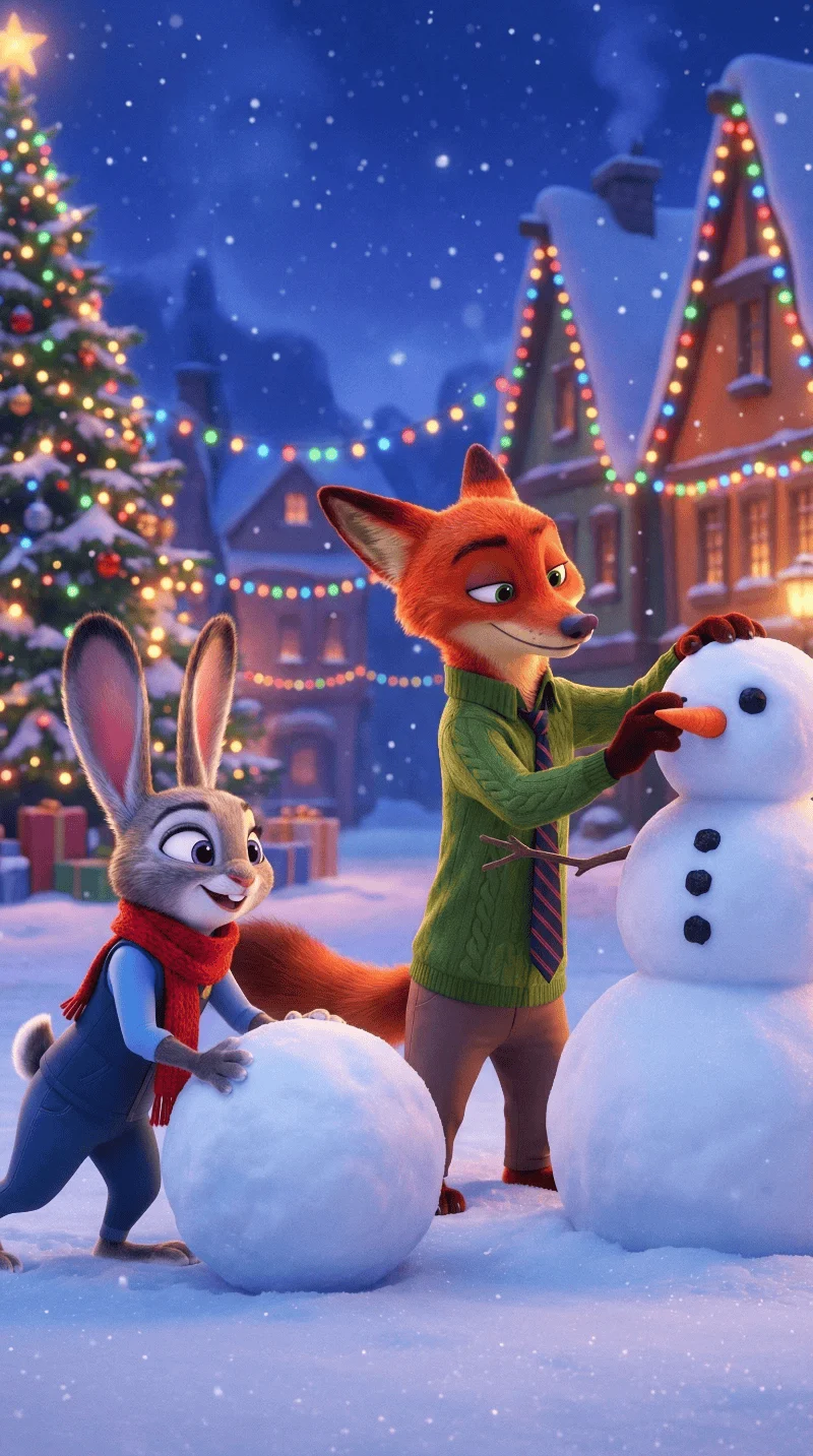 Ilustración invernal acogedora de hacer un muñeco de nieve en Zootopia