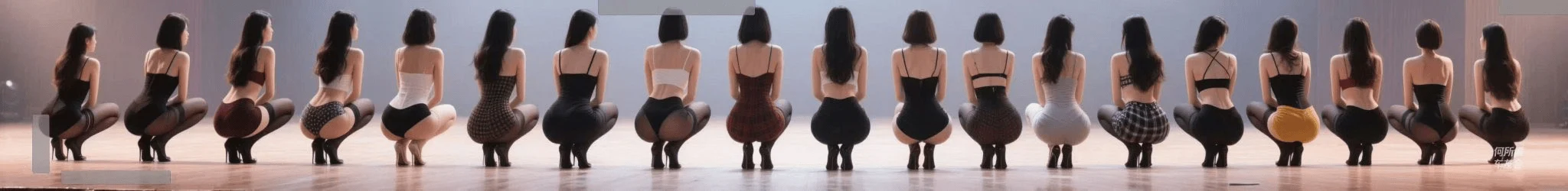 Multiple women crouching on a stage set