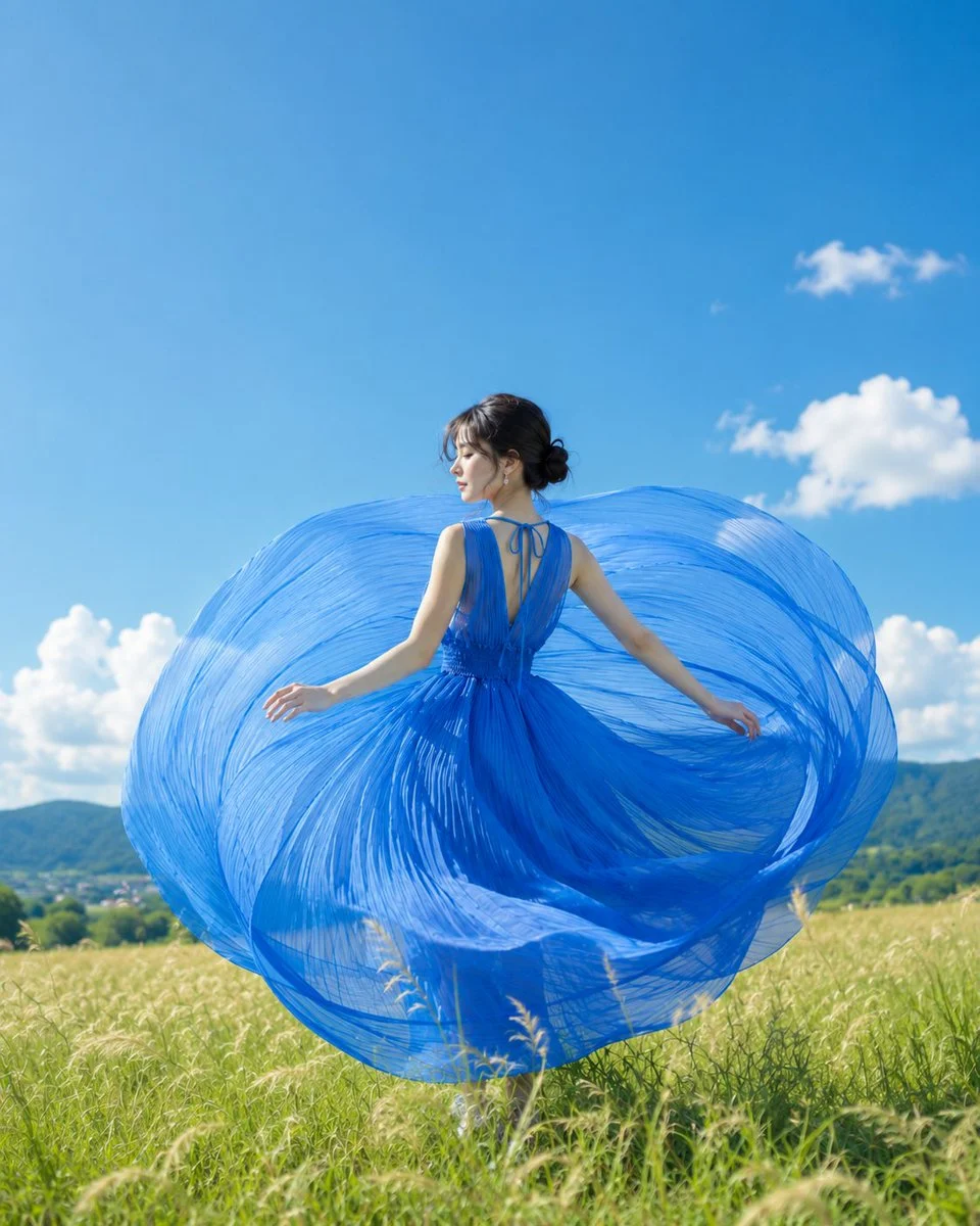 Il tessuto azzurro va tracciando il contorno di un cielo d'estate.