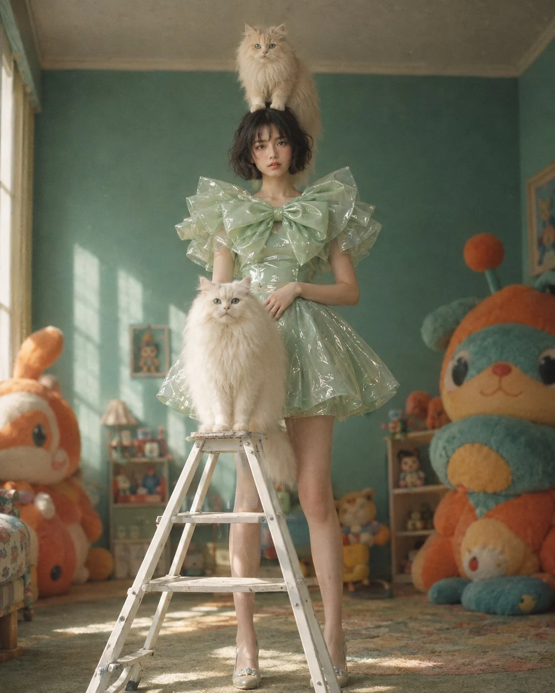 Quando l'alta moda incontra un sogno febbrile—e i gatti rubano la scena. 🐈‍⬛