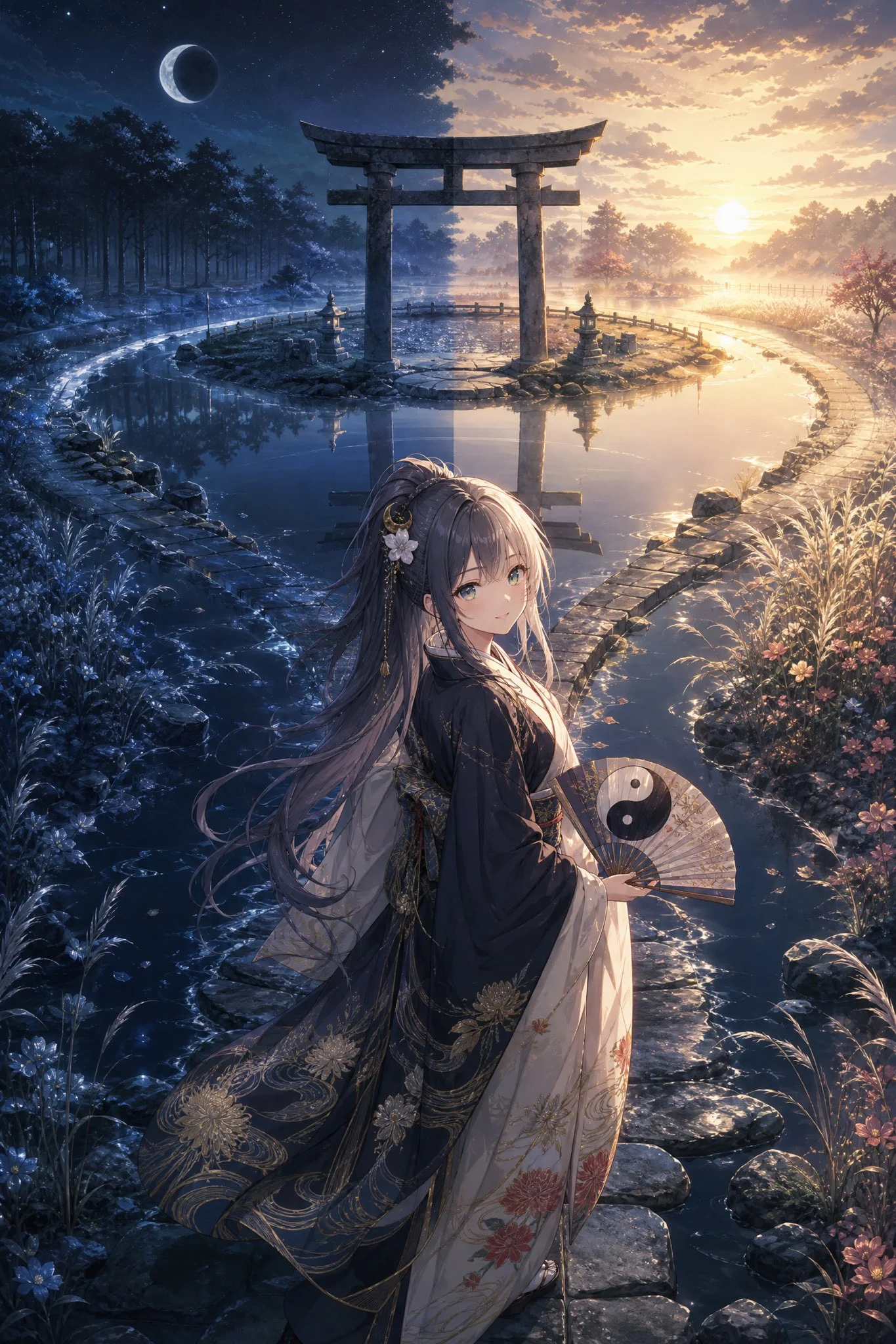 Two-World Key Visual: A Girl Standing on the Boundary of Day and Night with a Giant Phantom Beast