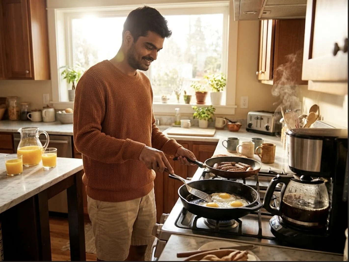 Certe mattine hanno solo bisogno di buon cibo, caffè fresco e un po' di sole. ☀️🍳☕