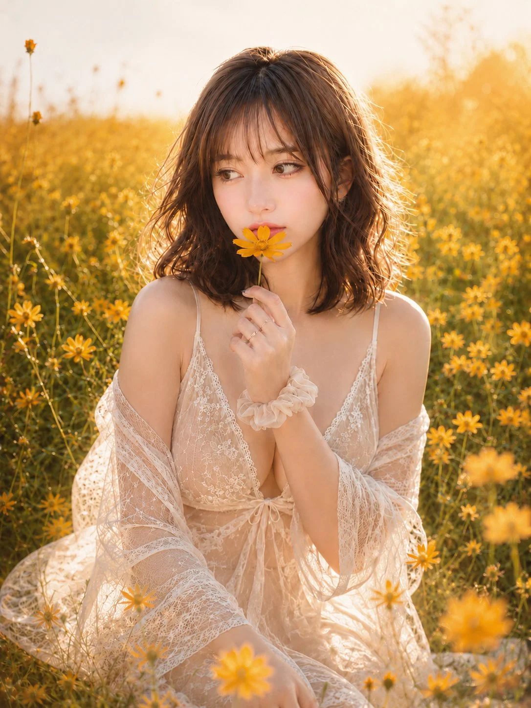 In un campo di fiori tinto dal tramonto, solo un fiore dolcemente alle labbra. 🌼🌅