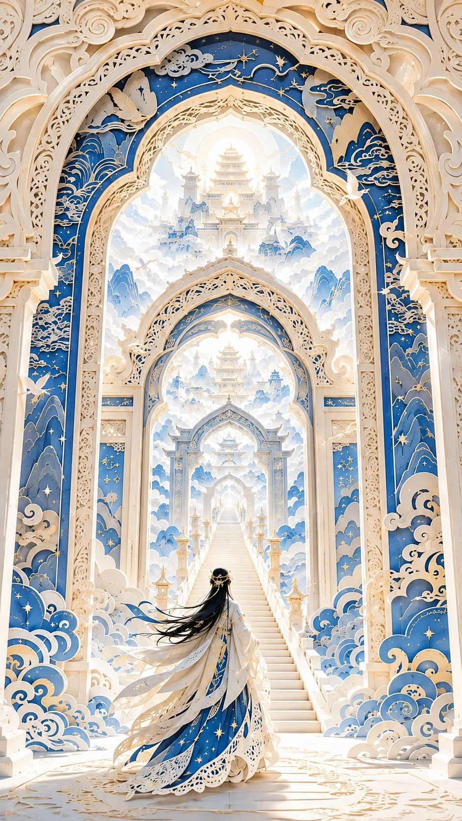 GPT Image 2 crea arte papercut orientale: Palazzo Celeste sopra le nuvole