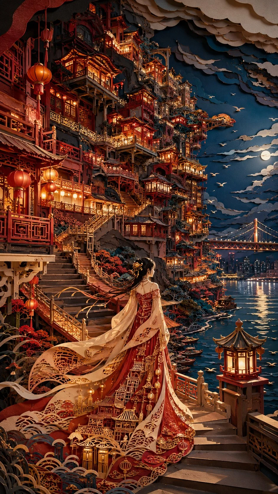 GPT Image 2 crea arte papercut orientale: Hongyadong di Chongqing