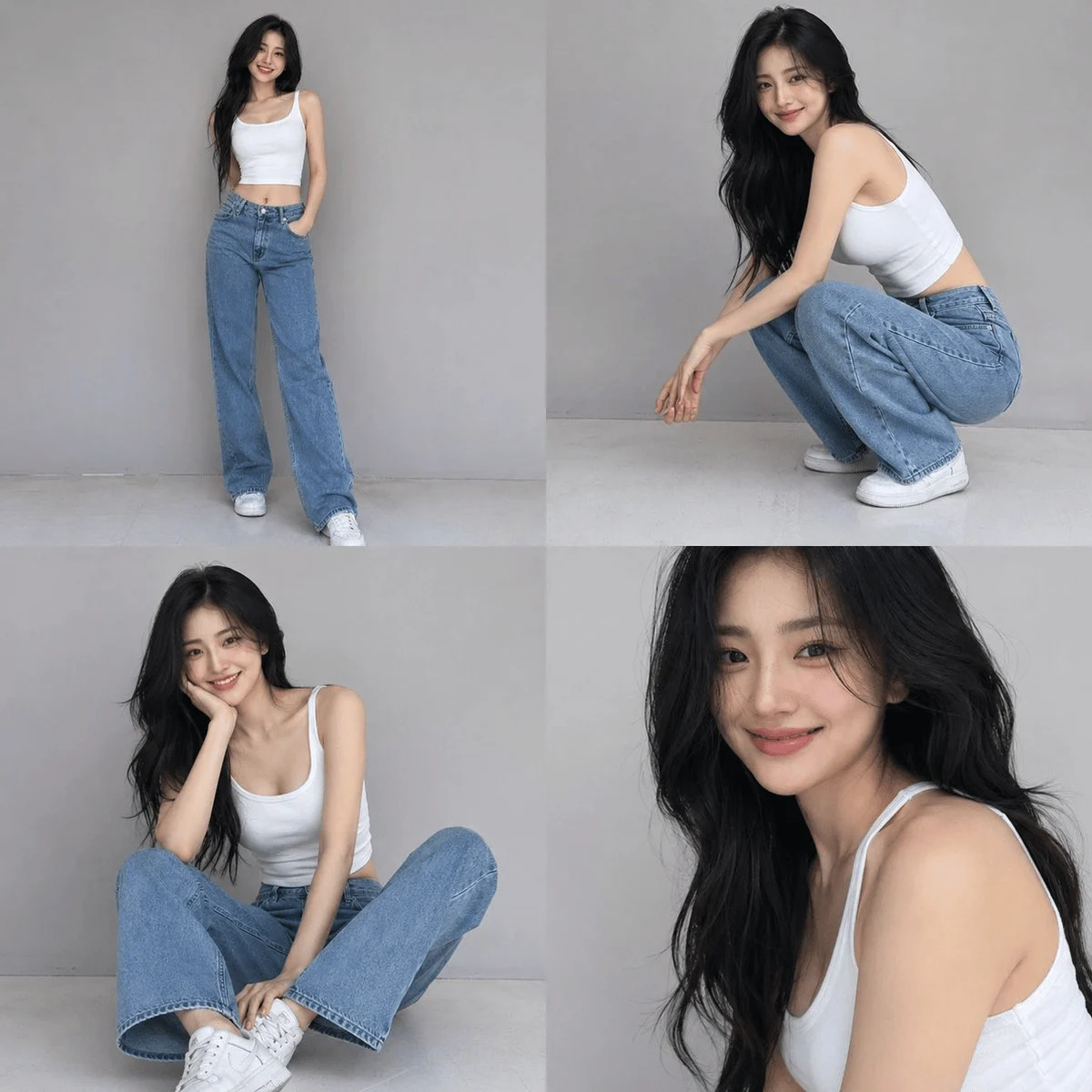 Cuadrícula de cuatro con camiseta blanca y jeans