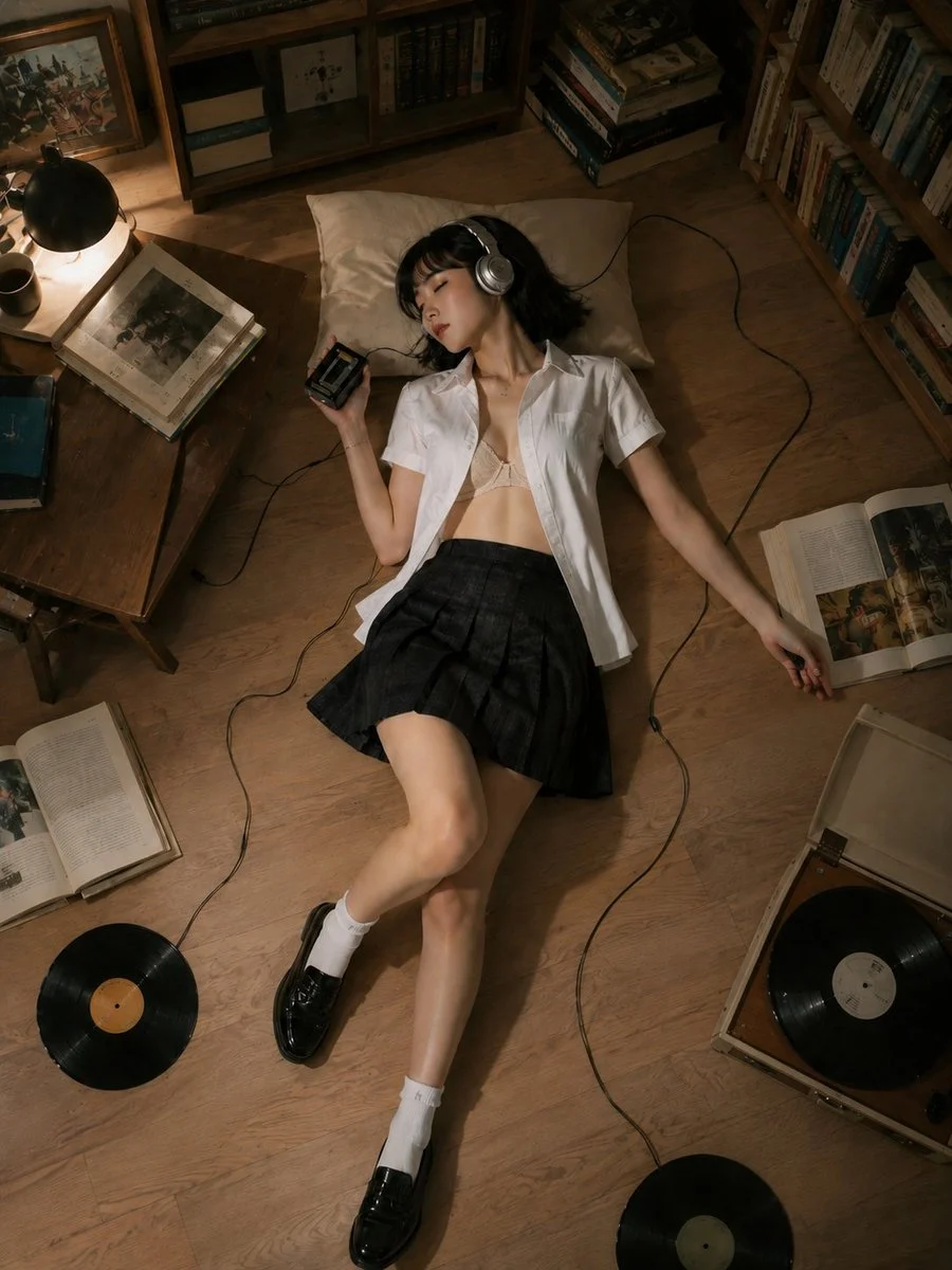 Invece di far scendere l'ago, abbandonarsi al suono che riempie il pavimento. Solo le pagine sono ancora sveglie. 🎧📚💿