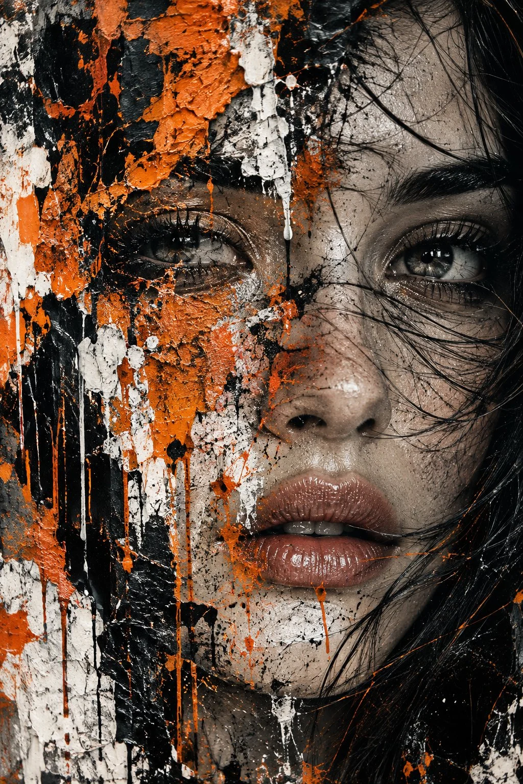 Un rostro atrapado entre la emoción cruda y el caos hermoso. 🖤🧡