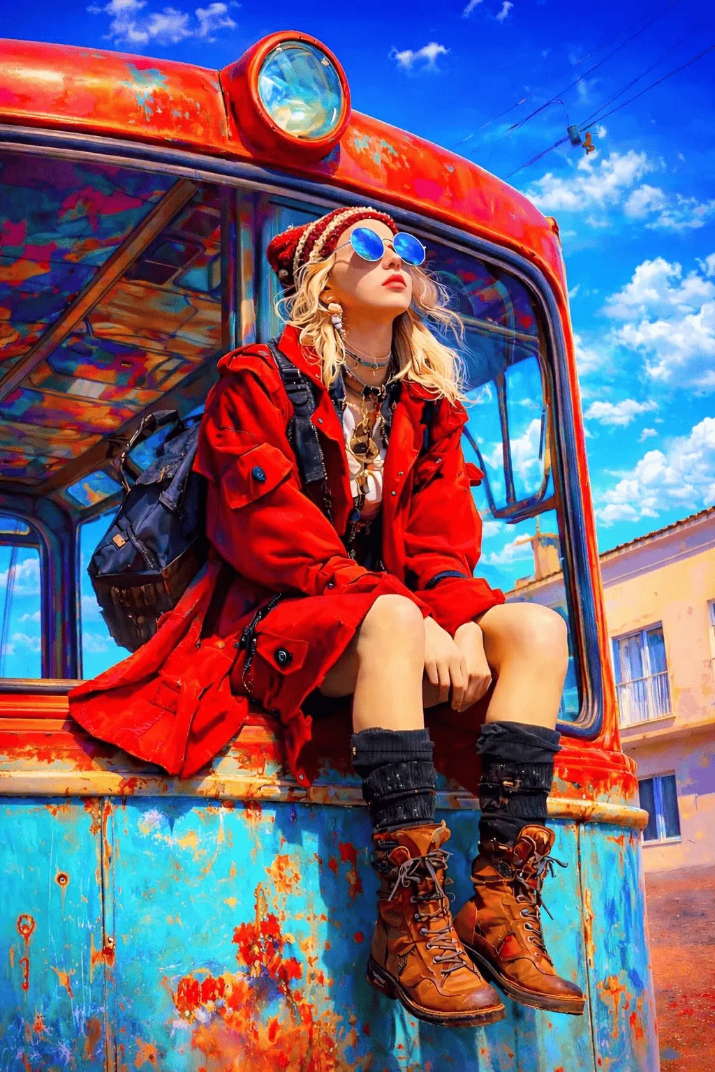 Dama de abrigo rojo en un autobús vintage