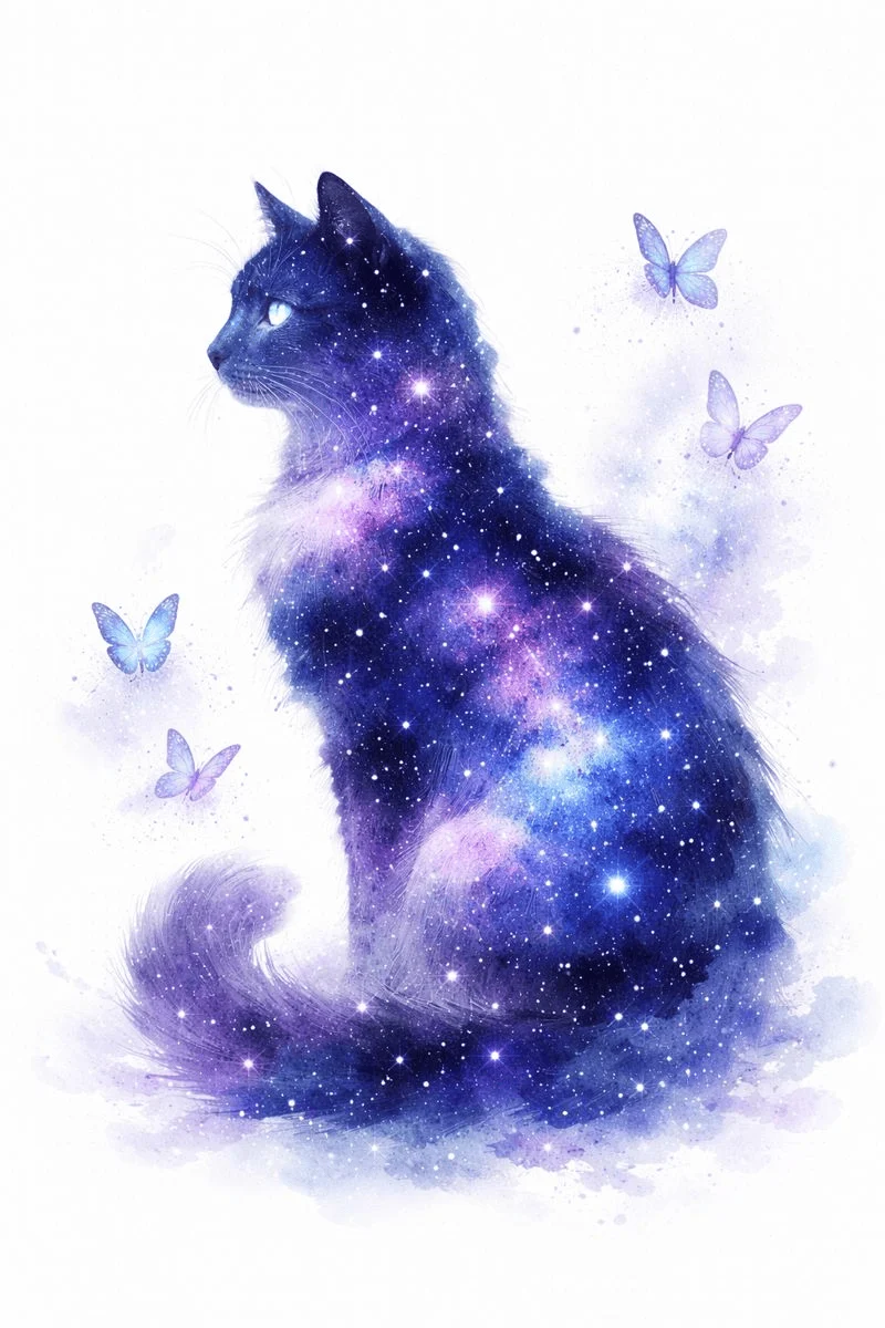 Starry Cat and Fluttering Butterflies