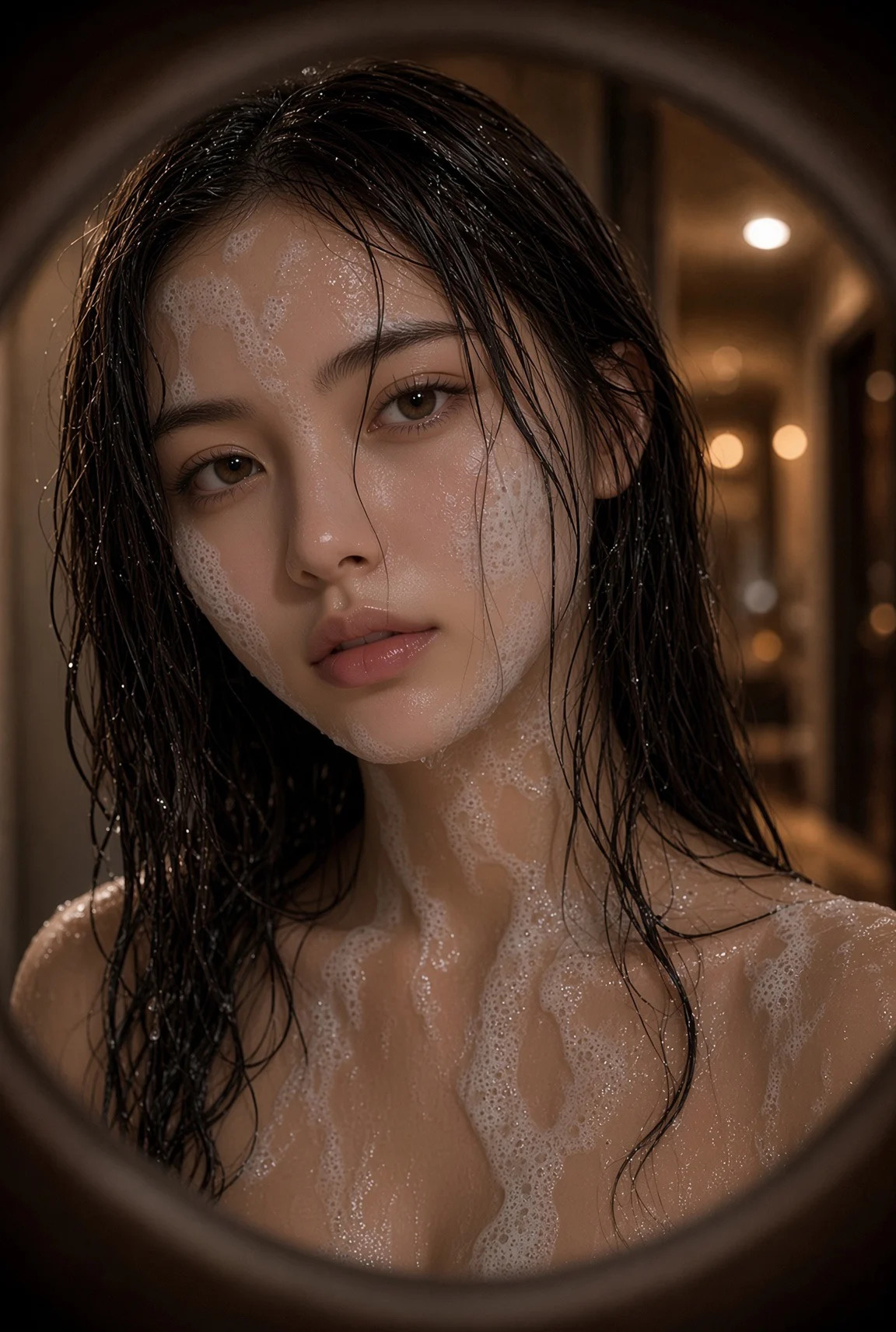 A través del espejo con vapor restante, solo el cabello mojado y la espuma narran un momento tranquilo. 🫧🚿