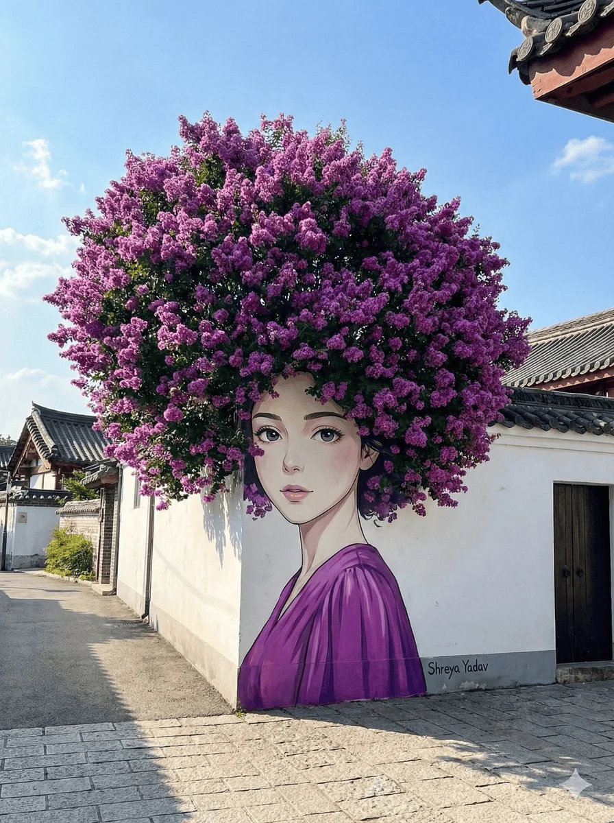 Graffiti di strada d'arte illusoria con un cespuglio fiorito come capelli