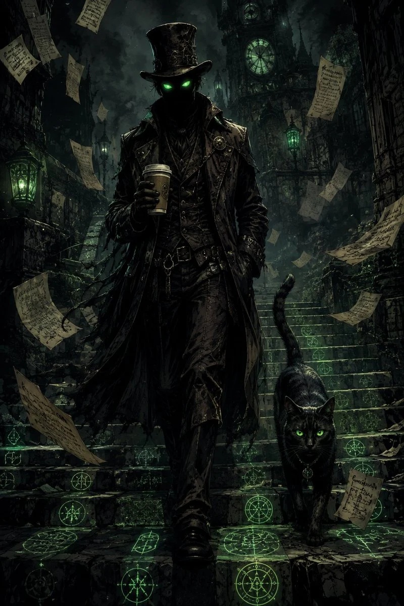 🌙 Hasta las sombras tienen un lugar adonde ir… y él no camina solo. 🐈⬛💚☕