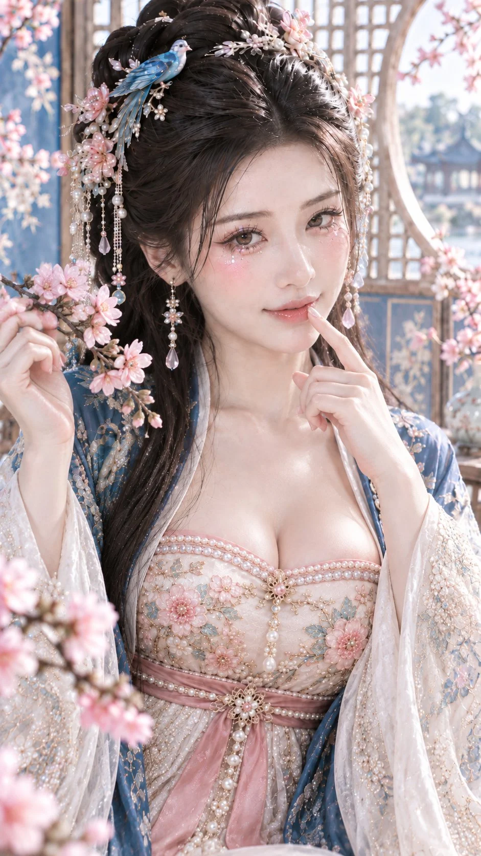 GPT Image 2.5生成古风人像：桃枝逗春风