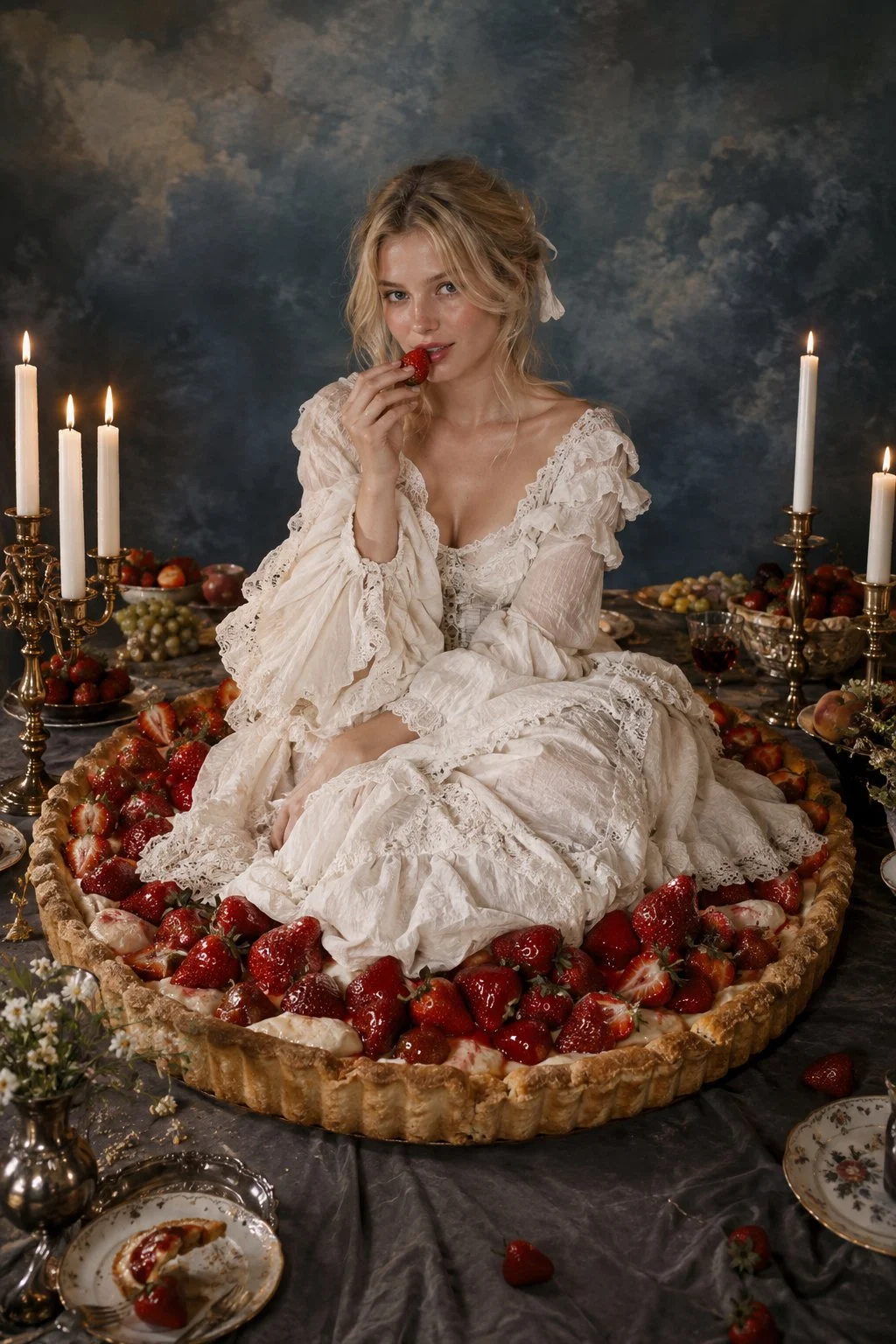 🍓✨ Un dolce momento in un mondo di fragole, pizzo e luce di candela.
