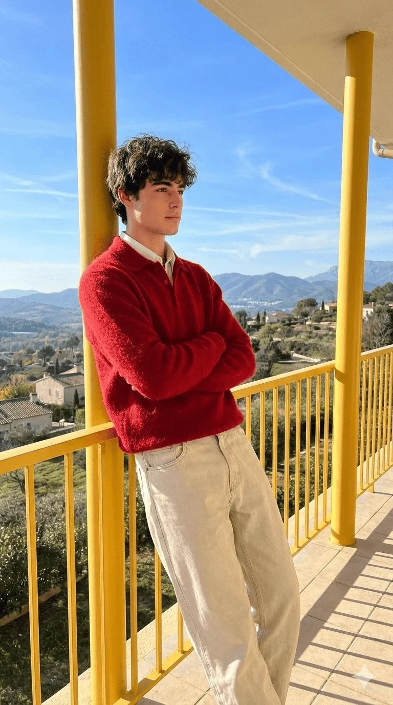 Ritratto casuale di un ragazzo con maglione rosso sul balcone con vista sulle montagne