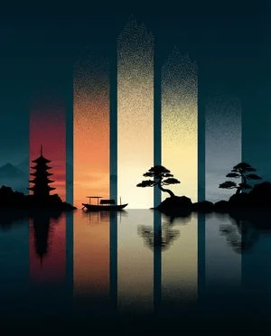 Paesaggio zen orientale astratto con illuminazione a fette temporali