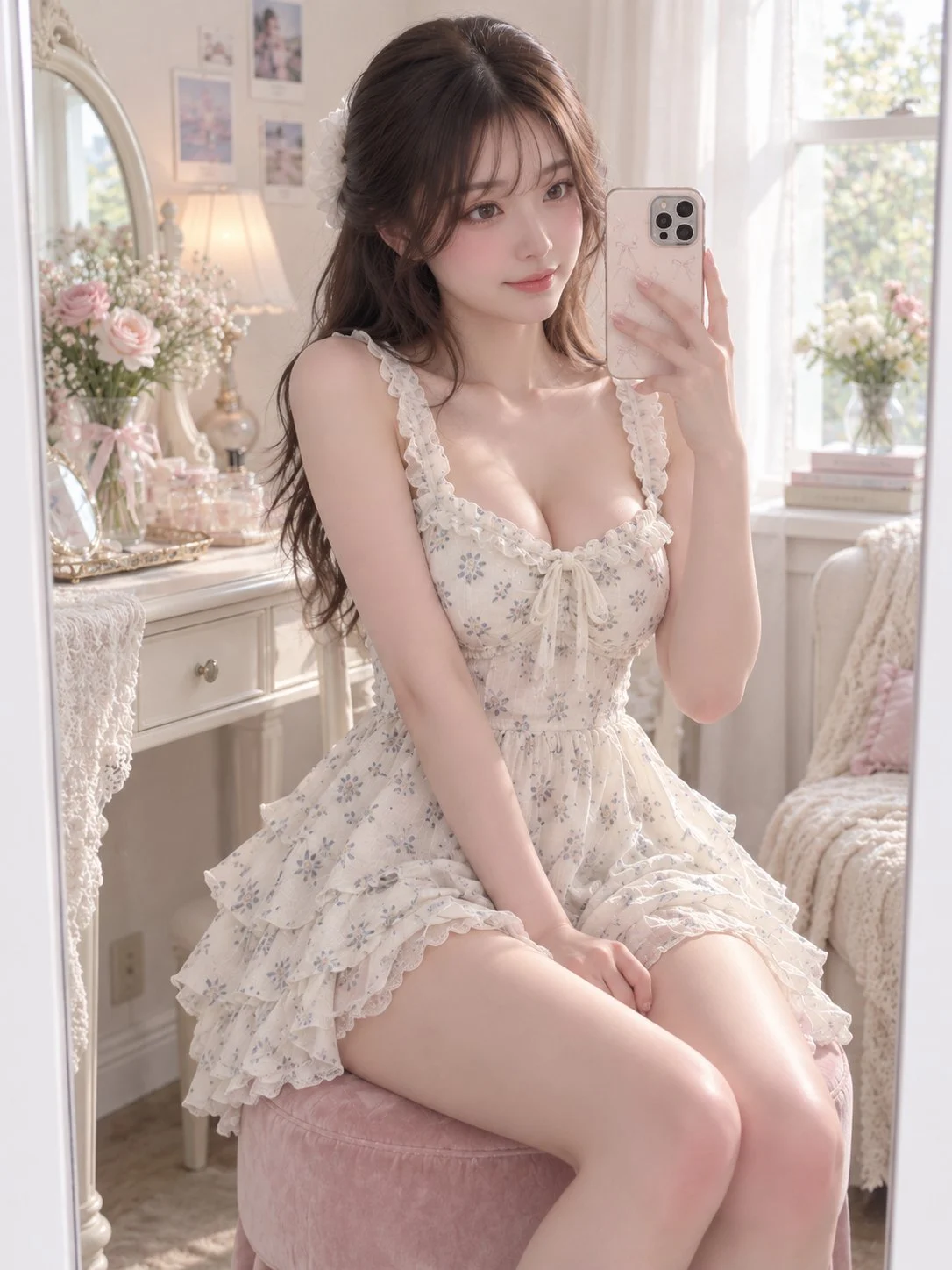 繁花环绕的清晨，镜中也有小小的春天。留下喜欢的一张吧📱🌸🩵