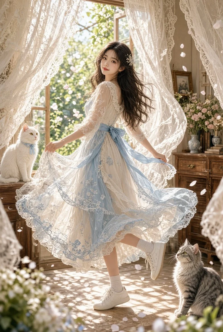 柔和的光线。飘动的蕾丝。两只猫注视着她，仿佛整个房间都属于……