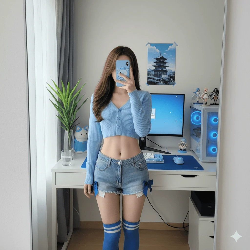 Blaue Ton-in-Ton-Spiegel-Selfie im Gegenwind