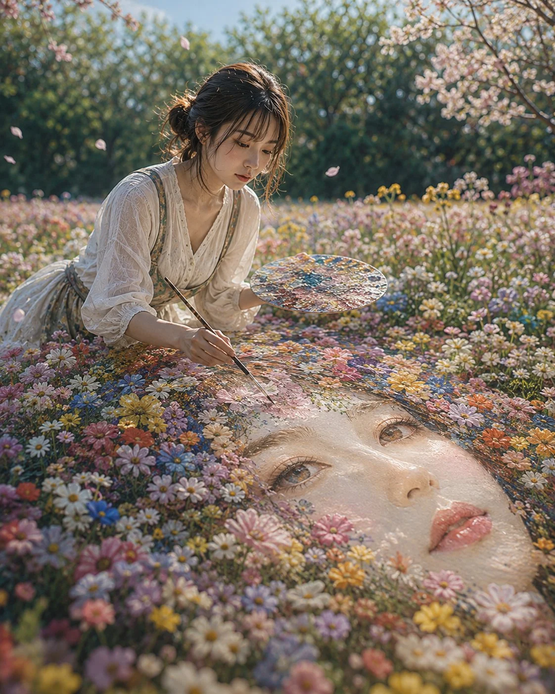 Nel mare di fiori, sembra che dorma un altro volto 🌼✨