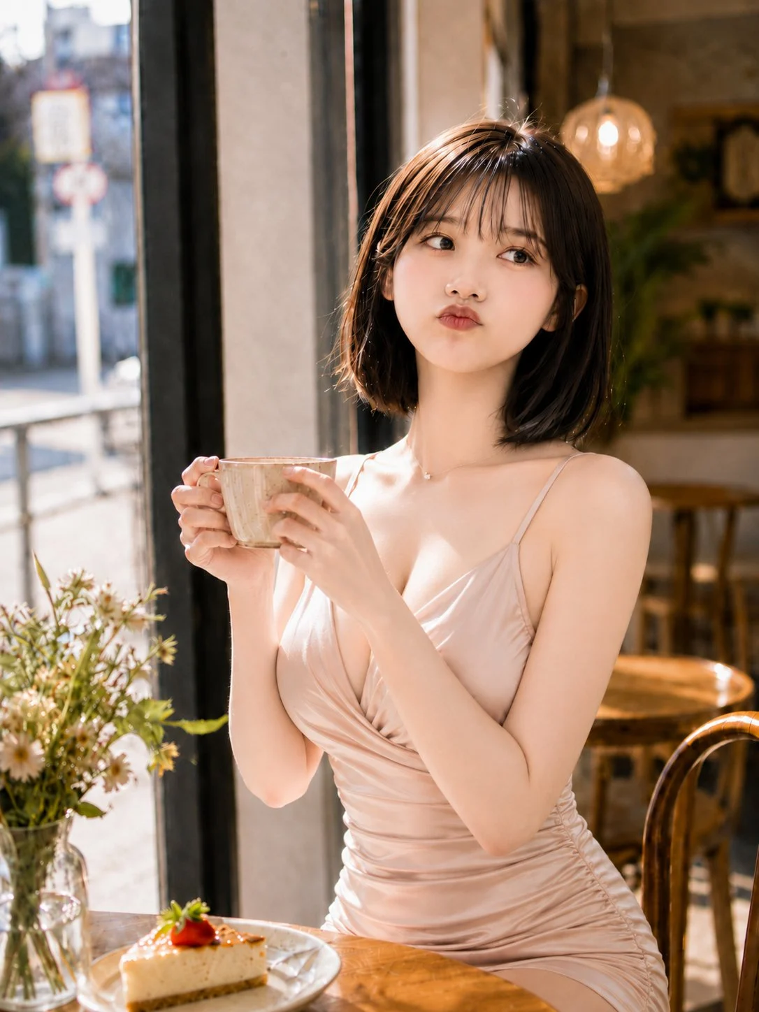 Wrapping both hands around the cup by the window, a slightly smug face over the cake ☕🍰💕 The afternoon light is sweet.