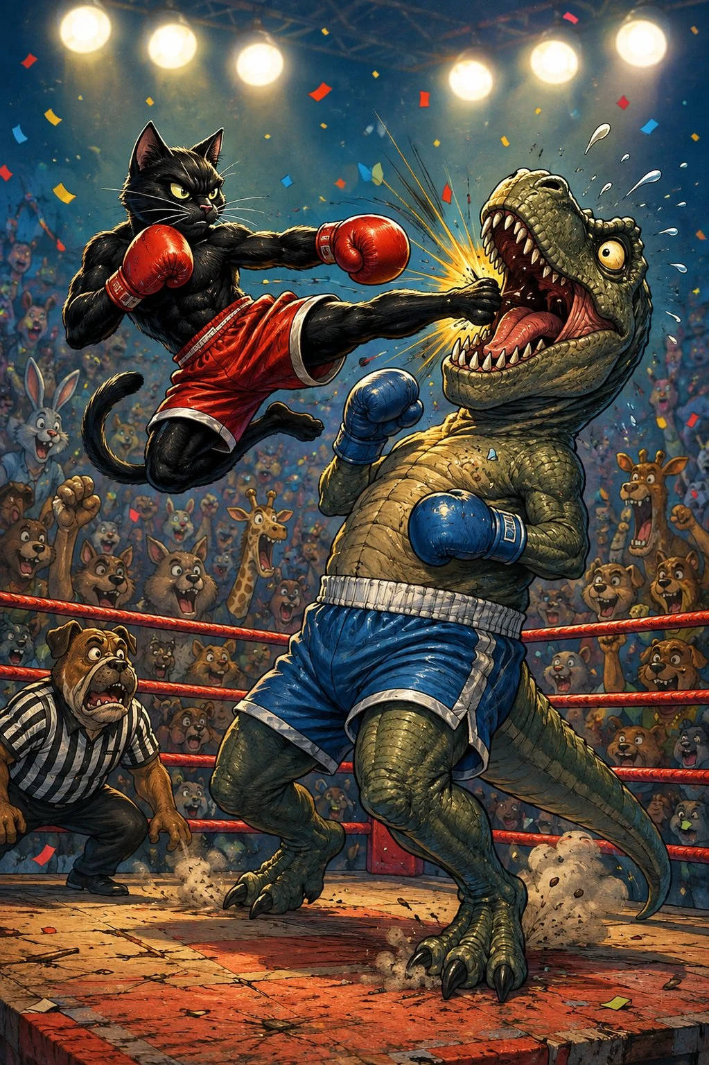 🥊🐱 When a black cat enters the ring… even the T-Rex needs nine lives! 😂🔥