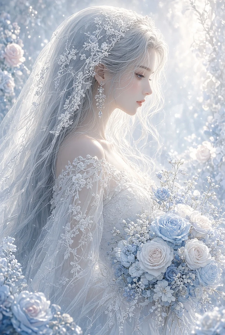 Capelli argento, pizzo ghiacciato — la sposa silenziosa dell'inverno.