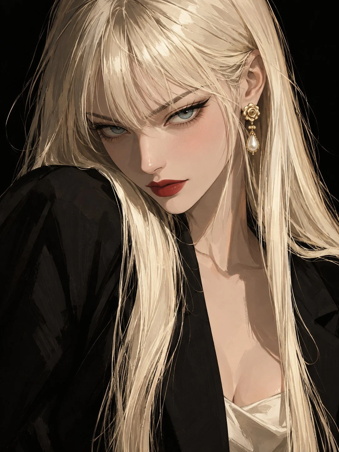 Sguardo freddo. Labbra cremisi. Pura energia da femme fatale. 🖤✨