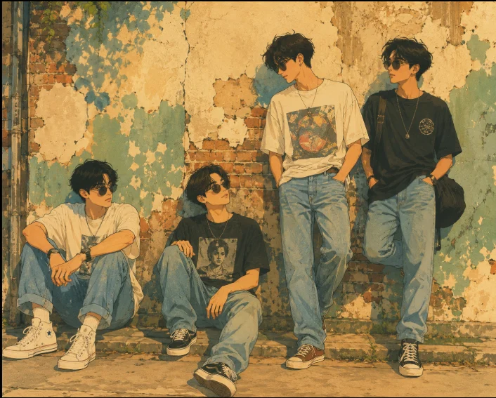 Cuatro amigos. Una pared. Todo el rollo de los 90. 🕶️🎸