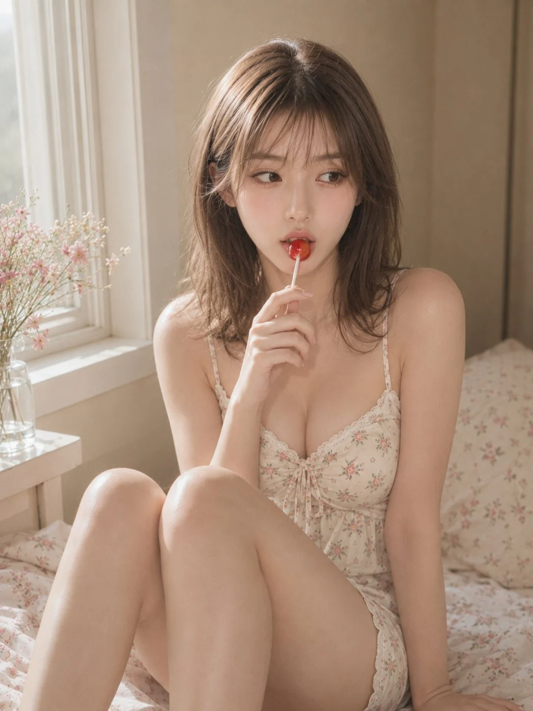 Con la caramella rossa ancora in bocca, solo lo sguardo scivola dolcemente di lato.
