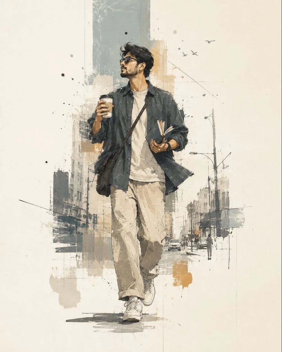 Coffee in one hand.